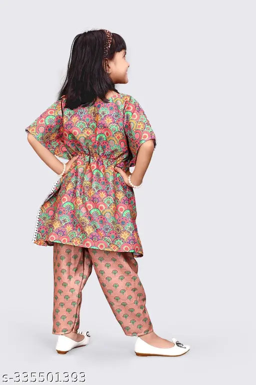 Cotton girl kaftan and pant tunic set, self-designed style for girls, perfect for parties or casual wear. Made from quality cotton, available in various sizes from 12 months to 9 years, Indian origin