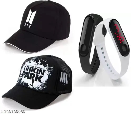 Black cotton BTS caps with Linkin Park design, adjustable and digital LED band combo pack of 4 for men and boys