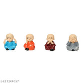 Polyresin Dopin monk Buddha car showpiece, intricately handcrafted by Indian artists, celebrating life principles "Bura mat bolo, Bura mat dekho, Bura mat suno", ethically sourced materials, perfect for shelf or desk display