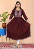 Embroidered Rayon Printed Naira Cut Kurti, three-quarter sleeves, available in vibrant color combinations for party, wedding, and festive wear. Handcrafted Indian design