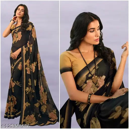 Georgette printed saree, single free size Indian Adrika Drishya saree with separate dupion silk blouse
