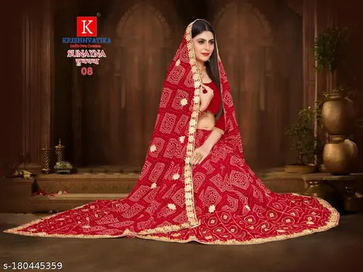 Georgette saree with solid art silk blouse, printed pattern and embellishments, HI SUNAYNA 8 from India