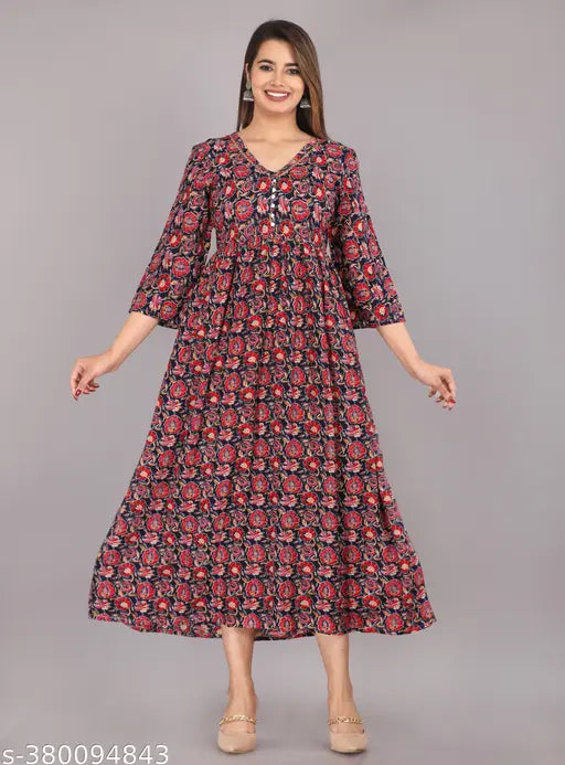 Printed PomPom Anarkali rayon dress with three-quarter sleeves, available in sizes S-5XL. Vibrant embroidery on Indian-inspired fashion for women's wardrobe refresh