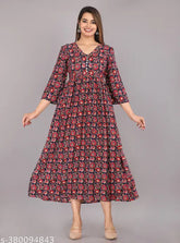 Printed PomPom Anarkali rayon dress with three-quarter sleeves, available in sizes S-5XL. Vibrant embroidery on Indian-inspired fashion for women's wardrobe refresh