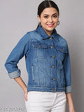 Denim Women's Typography Blue Jacket by THE DRY STATE, long sleeves, dyed/washed - India