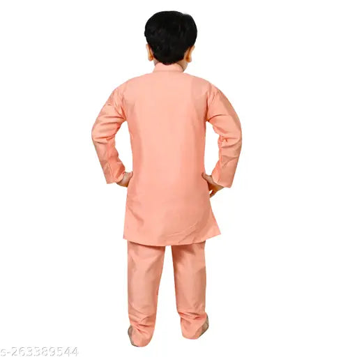 Peach orange cotton blend kurta pyjamas and waistcoat set for boys - royal look Indo Western party wear