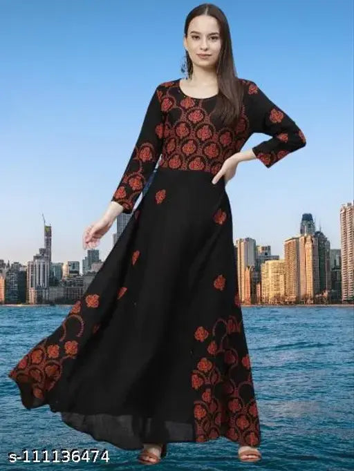 Blue rayon A-line midi dress with three-quarter sleeves, featuring gold-toned floral print