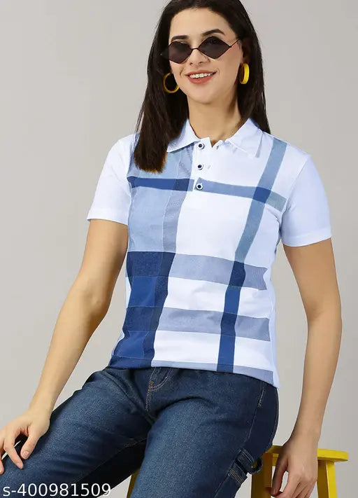Purple cotton blend polo t-shirt for women, checkered pattern, perfect summer wear