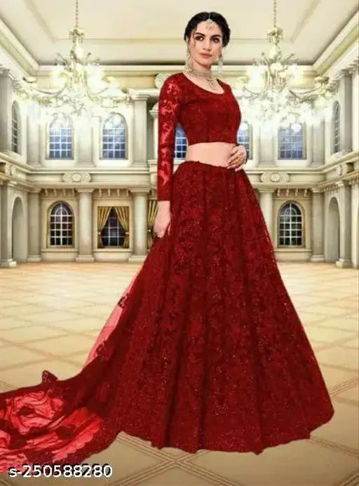 Fancy embroidered net lehenga-choli and dupatta set for women, free size, Indian origin