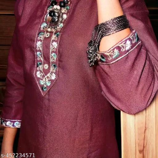 Women's three-quarter sleeve warm woolen winter embroidered kurti, traditional Indian wear in solid color, M (Bust 38in, Length 40in)