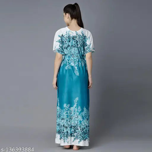 Floral print satin kaftan, Indian-made. Short-sleeved satin women's beach cover-up for swimwear