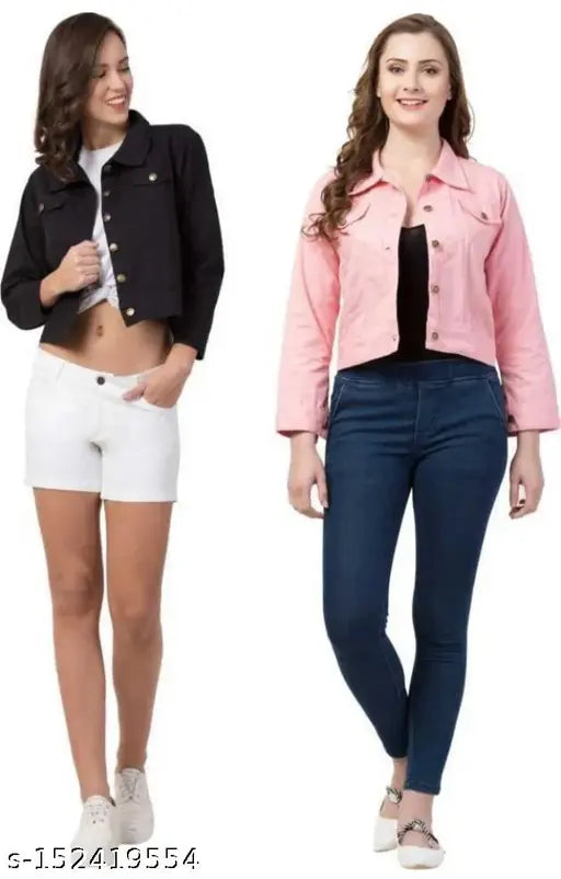 Cotton blend solid color jacket combo for women, long sleeves, casual denim style