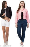 Cotton blend solid color jacket combo for women, long sleeves, casual denim style