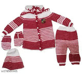Red striped acrylic sweater set for baby, includes pajama, cap, and booties - Made in India