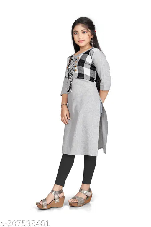 Solid cotton three-quarter sleeve kurti for kids aged 6-16 years, Indian traditional clothing