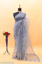Beautiful super net floral embroidery work sari with separate blouse piece in Bangalori silk - traditional Indian wedding saree