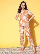 Trendy orange cotton co-ord lounge wear night suit dress set, printed pattern on short sleeved shirt and pyjamas