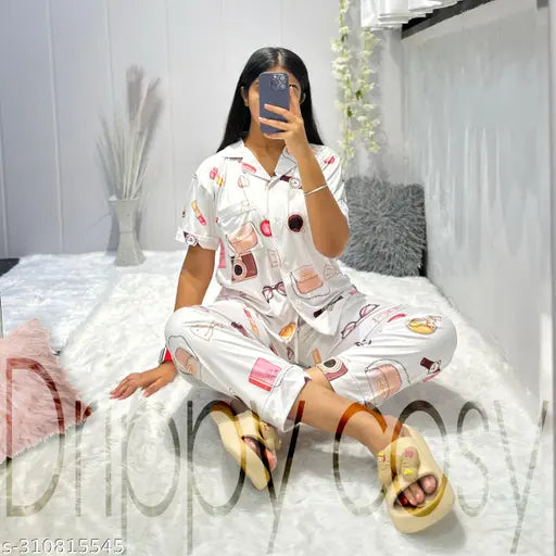 Quirky print silk-blend night suit, luxurious and comfortable ladies sleepwear set featuring a shirt, pajama, and shorts. Made in India