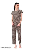 Printed cotton blend nightsuit set for women, featuring leopard print T-shirt and pants, elastic waistband with side pockets, ideal for relaxed fit and gifting. Made in India