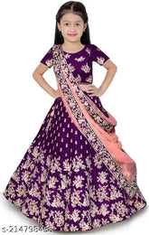 Trendy taffeta silk lehenga-choli set for kids, embroidered design with short sleeves, Indian origin