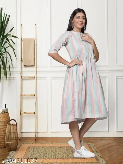 Striped three-quarter sleeve cotton Anarkali kurti, comfortable fashion staple for women, customizable and available in various sizes (S-XXXL) from India