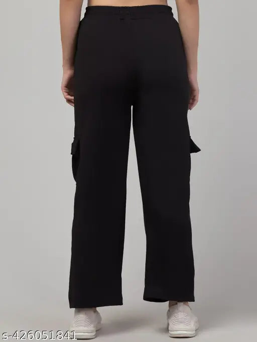 Black cotton lycra cargo pants, high-waisted and versatile for women's casual wear