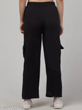 Black cotton lycra cargo pants, high-waisted and versatile for women's casual wear
