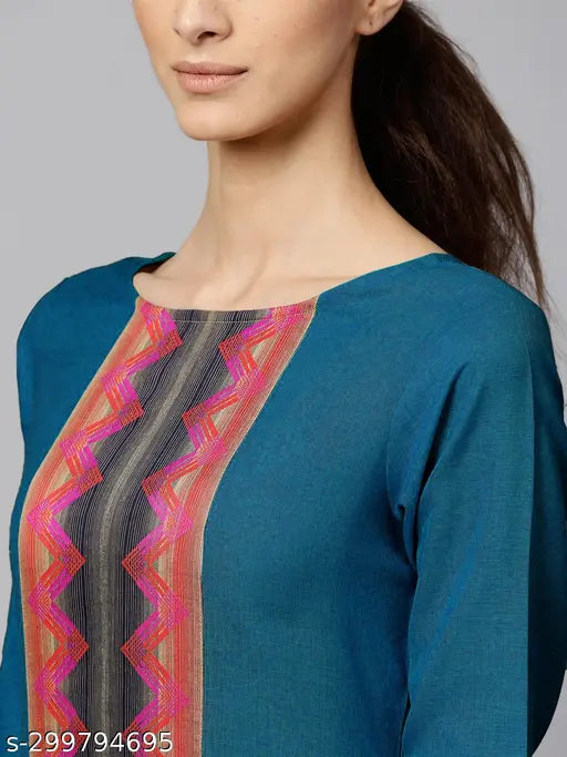 Teal embroidered cotton kurti set with dupatta and bottomwear, pack of 3 for Indian fashion
