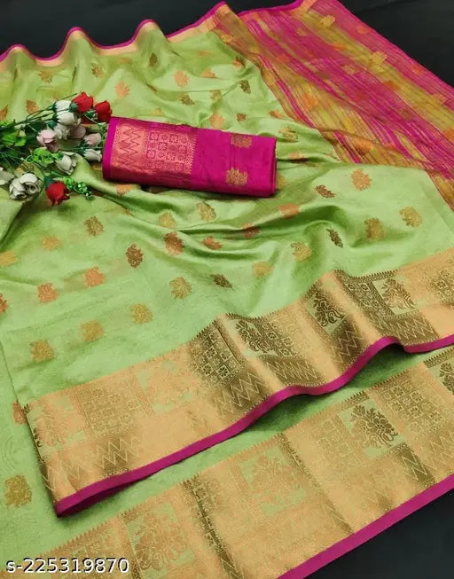 Top Trending Assam Jacquard Cotton Silk Saree with Gadwal, Banarasi, Paithani, Kanjivaram, Dola tassels, traditional uniform soft Kashvi Khadi party wear saree, close-up of woven design running blouse in dupion silk
