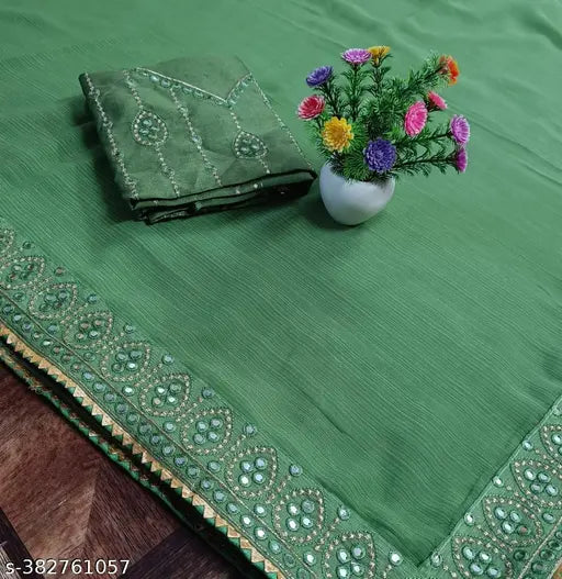 Georgette embroidered sari with satin blouse, vibrant colors, 9mm sequence work, Indian origin