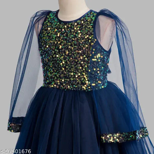 navy blue cotton sleeveless printed net girls party wear dress, toy balloon full length for 1-2 years