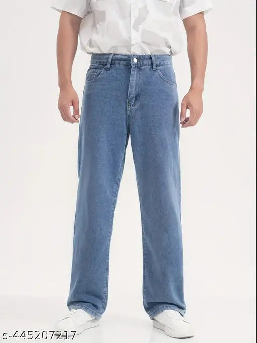 Light blue denim premium baggy loose jeans, high-quality denim apparel for men on mannequin