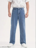 Light blue denim premium baggy loose jeans, high-quality denim apparel for men on mannequin