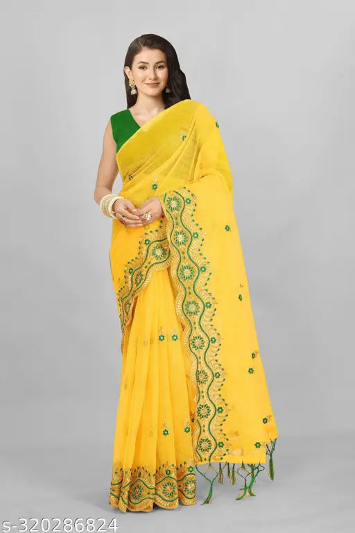 Embroidered sari with super net and dupion silk blouse, features cutwork border on pallu and skirt, multi-thread embroidery work, colors include mustard yellow, off white, black, and sky blue, free size, originates from India