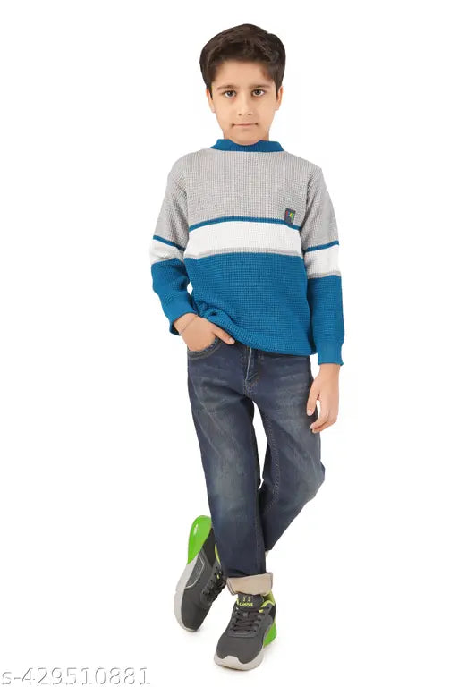 Multicolor woolen sweater for boys aged 3-12 years, colorblocked design, handcrafted in India