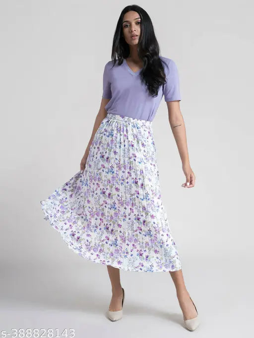 Stylish women's A-Line skirt with floral print, crepe fabric, midi length, modern elegance, India origin