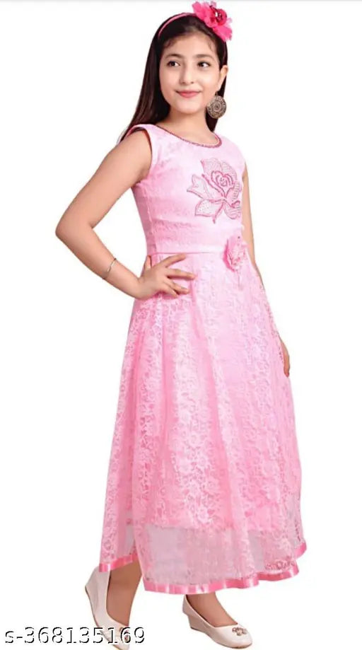 Pink sleeveless net maxi dress, embroidered for girls' parties (4-12 years)