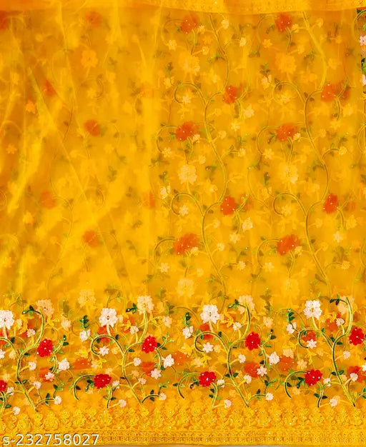 Embroidered net saree with dupion silk blouse, Aagyeyi Drishya Sarees, Indian handwork on display