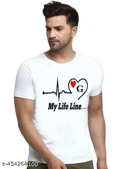 White half-sleeve Life Line G polyester t-shirt for men & boys, featuring printed net design. Unisex fit, available in S, M, L, XL, XXL