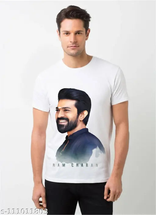 Polyester T-shirt featuring printed image of RRR, Konidala Ram Charan, Mega Power Star. Available in sizes M, L, XL, XXL