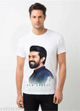 Polyester T-shirt featuring printed image of RRR, Konidala Ram Charan, Mega Power Star. Available in sizes M, L, XL, XXL