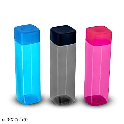Multicolor plastic square water bottles with twist-on caps, ideal for gym, school, office (pack of 3) - leak-proof, dishwasher safe, BPA-free, and great for multipurpose use