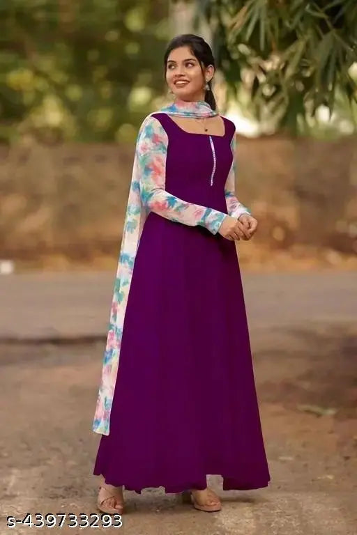 Georgette heavy kurta with print duetta set, solid pattern long-sleeve women's formal wear, Indian fashion, S to XXXL sizes available