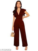 Classy fashion polyester v-neck wide leg jumpsuit with ruffle detail and high waist, solid color for women's regular fit