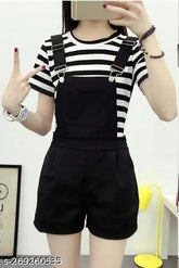 Cotton striped short dungaree with solid tee, casual wear for women, XS: 32in bust, 32in length, 28in waist