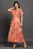 Georgette designer one-piece gown, printed combo, short sleeves, various sizes available from S to 6XL, Indian origin
