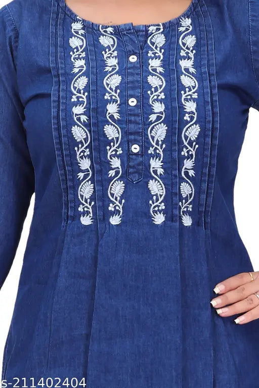 Stylish embroidered denim top for women (India), three-quarter sleeves, cotton denim fabric
