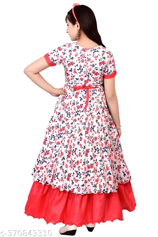 Cotton blend printed net frock and gown dress for kids girls, summer ready with short sleeves and easy return available. 3-14 years sizes available, made in India