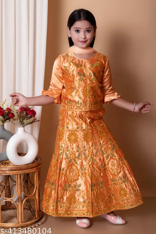 Modern fancy satin-cotton kids' lehenga cholis with long sleeves, embroidered patterns. Exquisite semi-stitched lehenga set for party and wedding wear