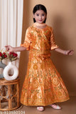 Modern fancy satin-cotton kids' lehenga cholis with long sleeves, embroidered patterns. Exquisite semi-stitched lehenga set for party and wedding wear